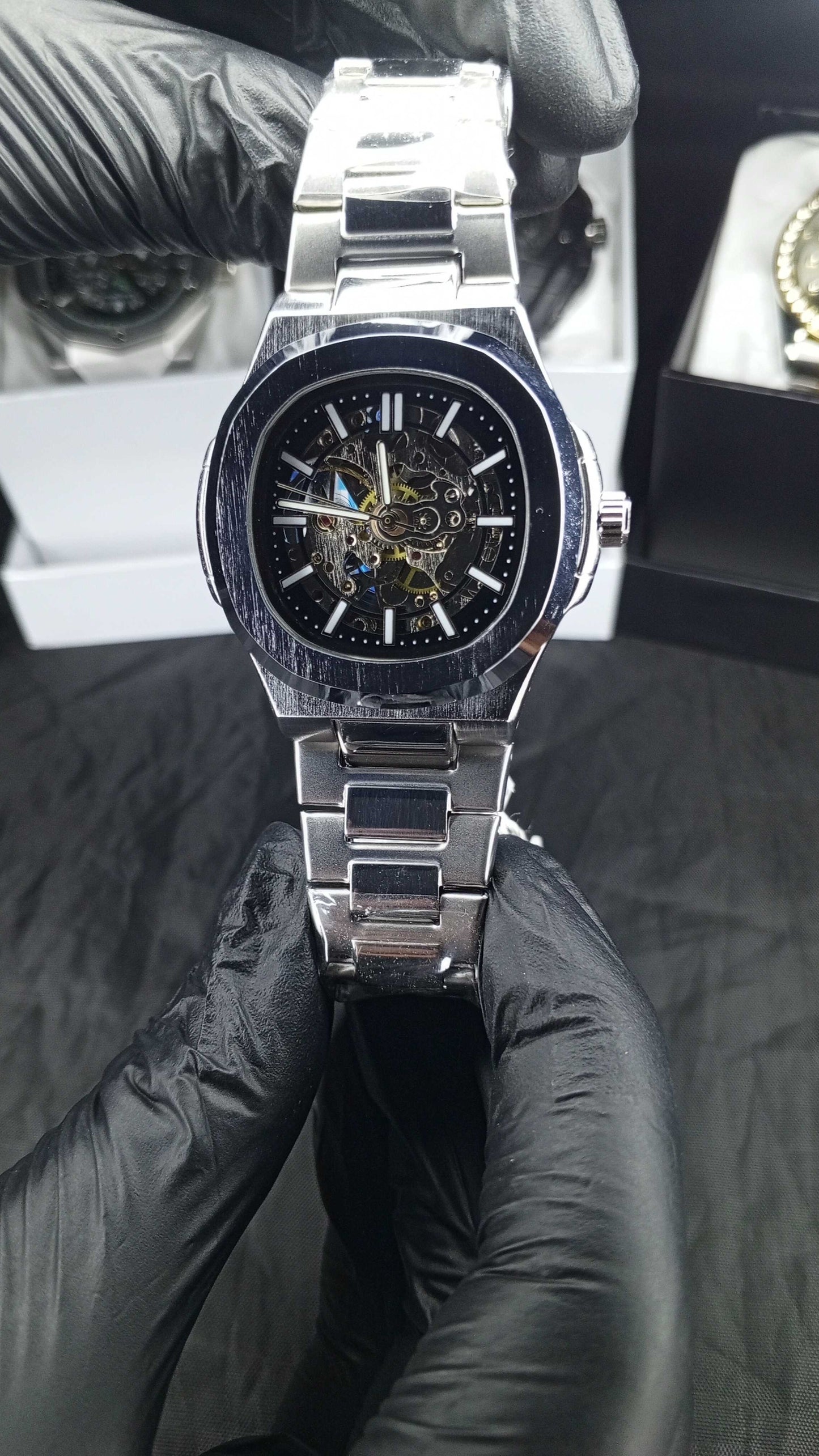 Luxury BW Skeleton Automatic Watch – Black Stainless Steel Mechanical Timepiece with Open-Heart Dial