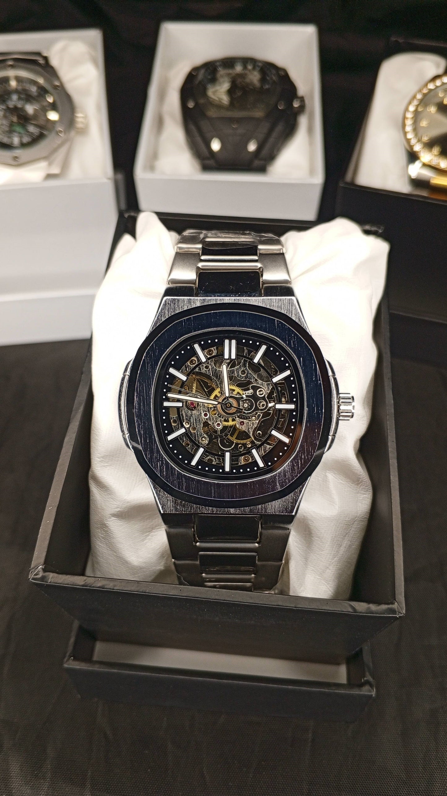 Luxury BW Skeleton Automatic Watch – Black Stainless Steel Mechanical Timepiece with Open-Heart Dial