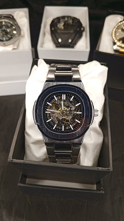 Luxury BW Skeleton Automatic Watch – Black Stainless Steel Mechanical Timepiece with Open-Heart Dial