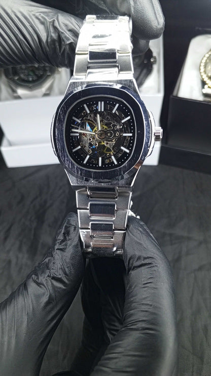Luxury BW Skeleton Automatic Watch – Black Stainless Steel Mechanical Timepiece with Open-Heart Dial