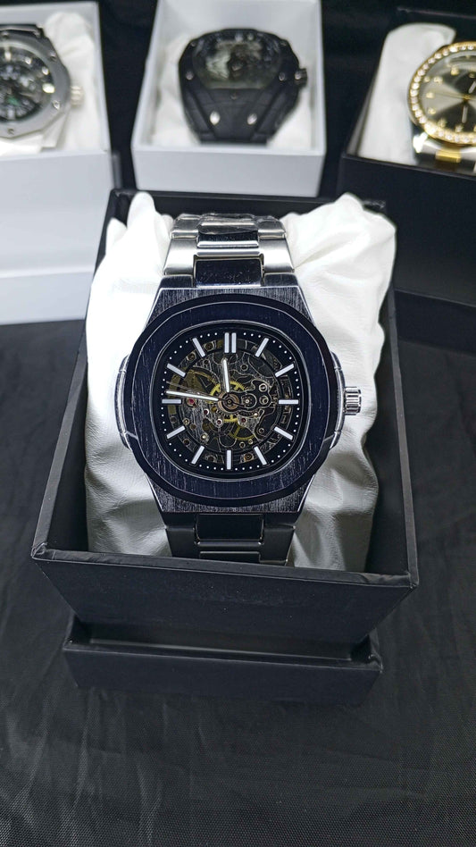 Luxury BW Skeleton Automatic Watch – Black Stainless Steel Mechanical Timepiece with Open-Heart Dial