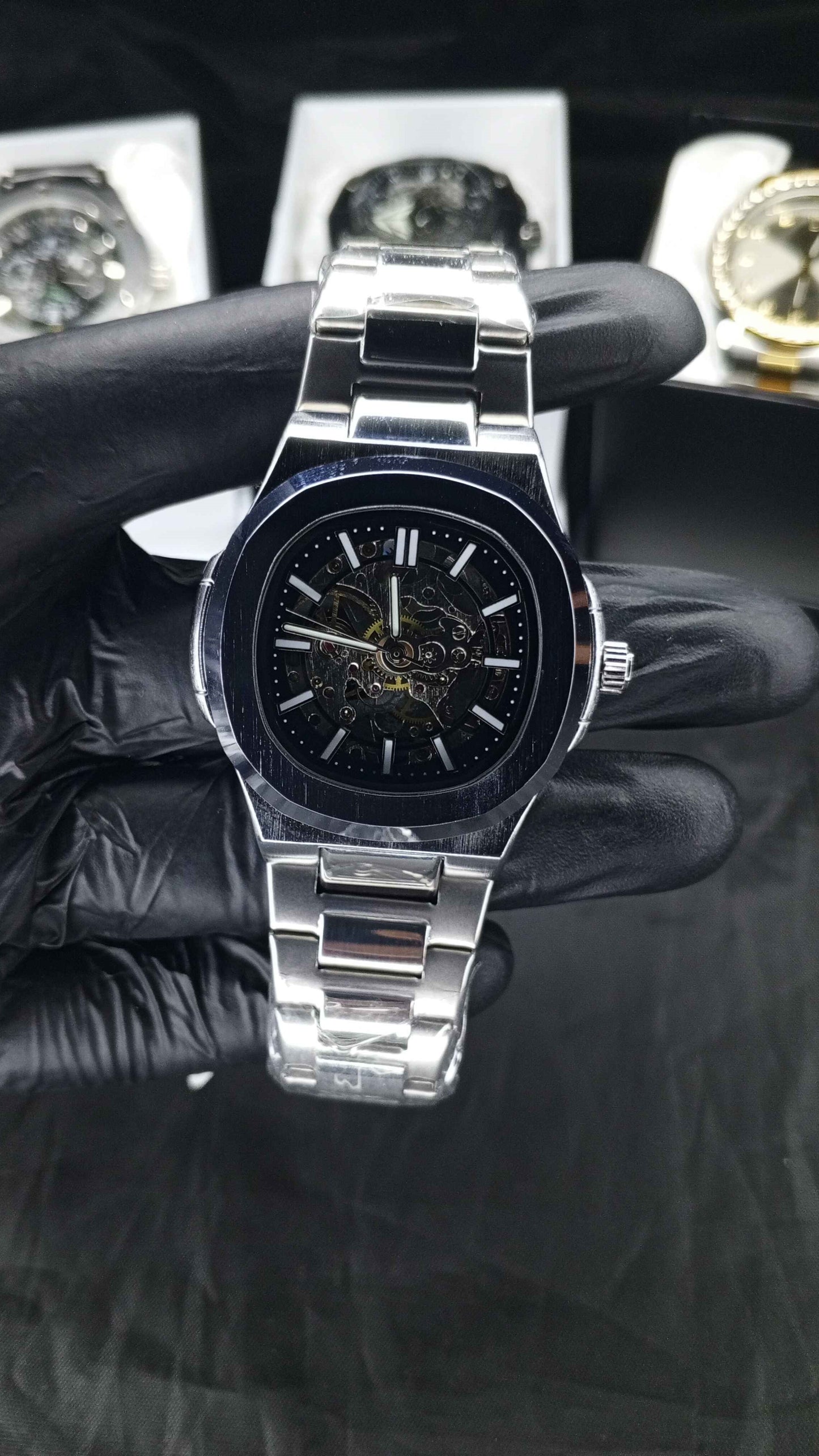 Luxury BW Skeleton Automatic Watch – Black Stainless Steel Mechanical Timepiece with Open-Heart Dial