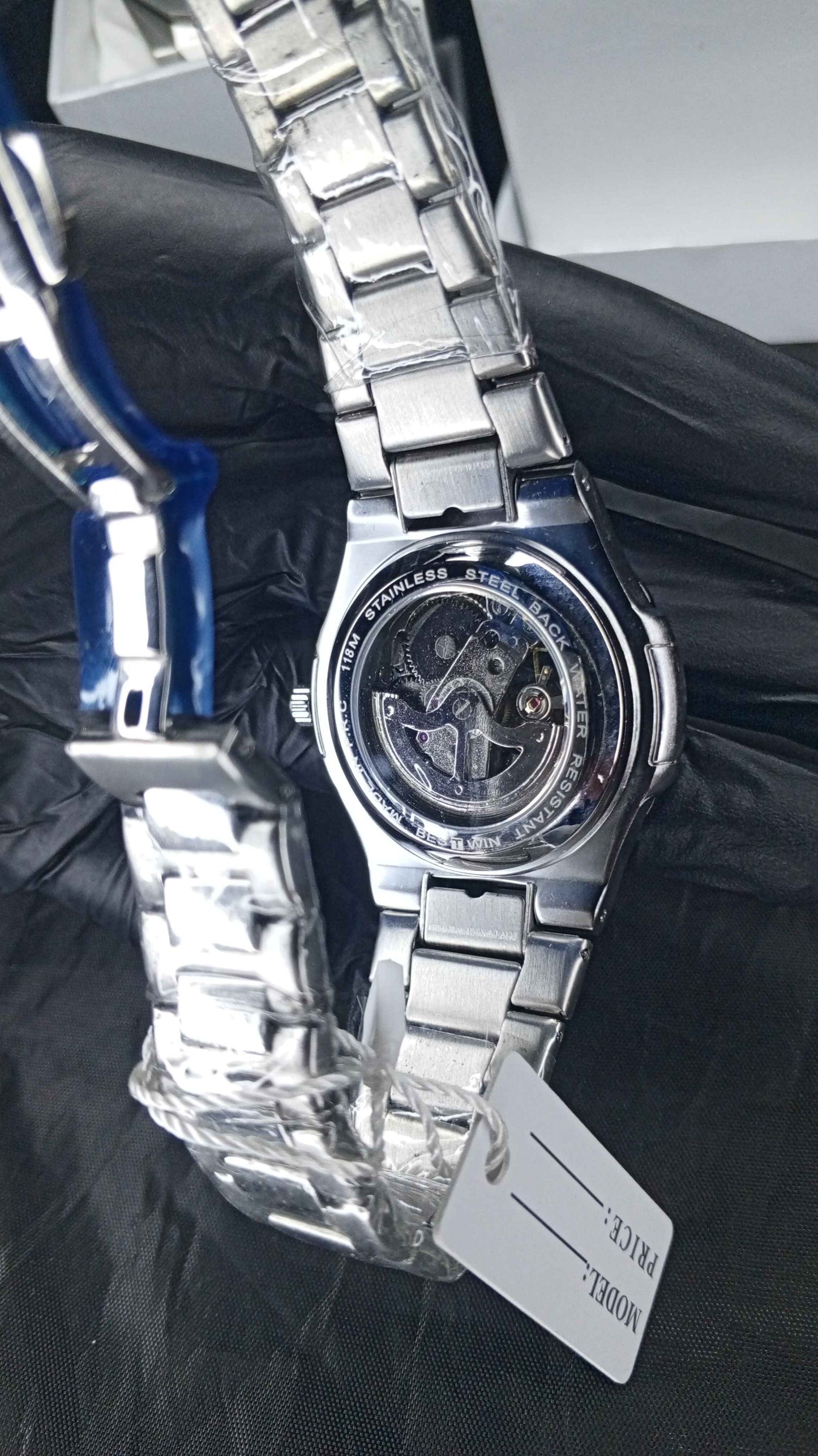 Luxury BW Skeleton Automatic Watch – Black Stainless Steel Mechanical Timepiece with Open-Heart Dial