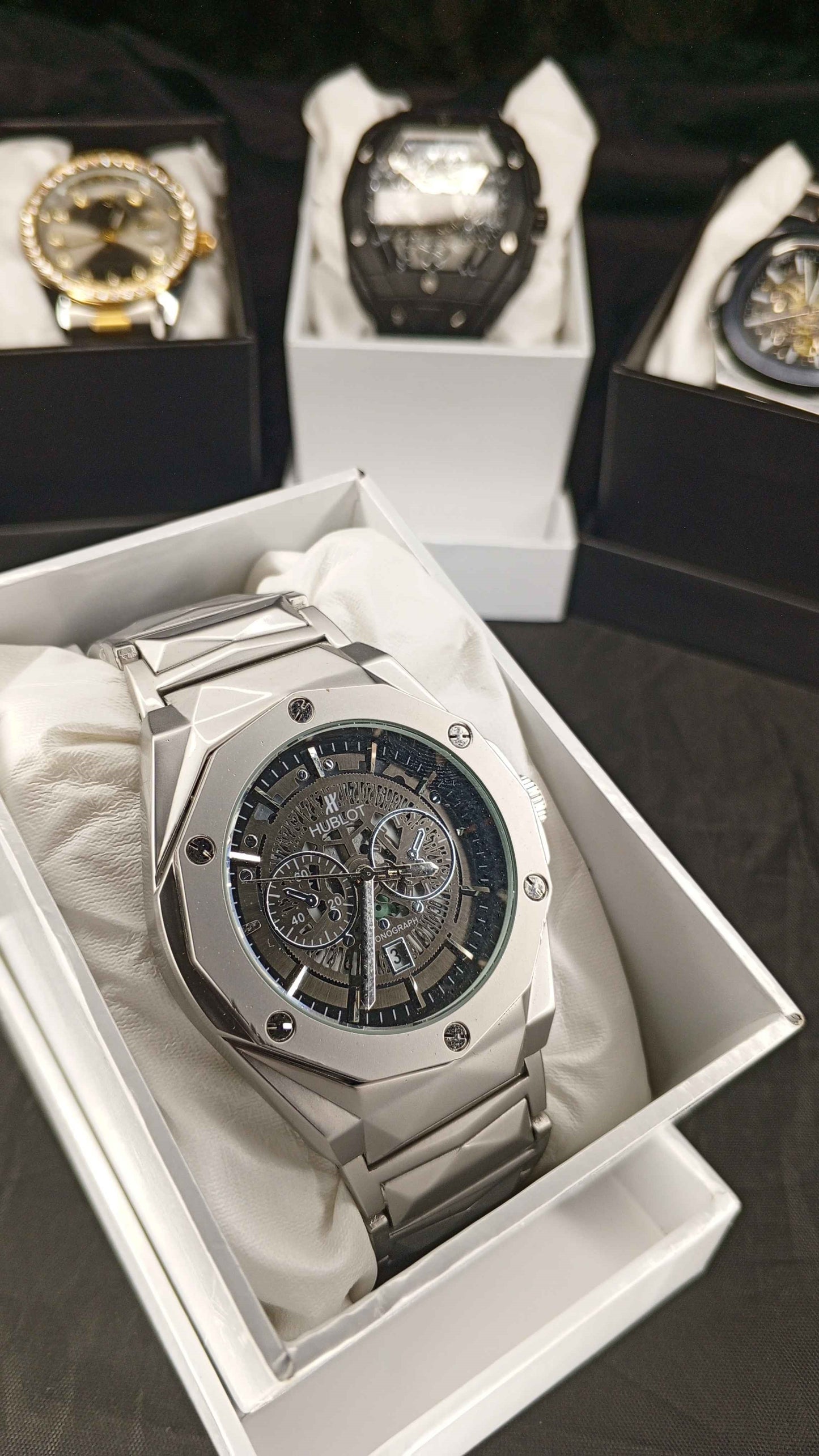 Luxury Hublot Skeleton Chronograph Watch – Stainless Steel Case with Integrated Bracelet