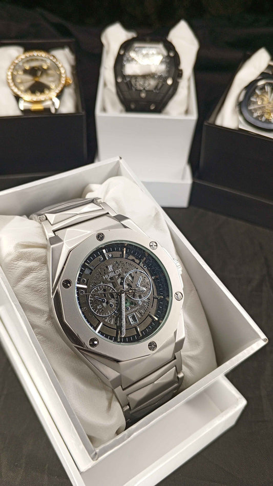 Luxury Hublot Skeleton Chronograph Watch – Stainless Steel Case with Integrated Bracelet