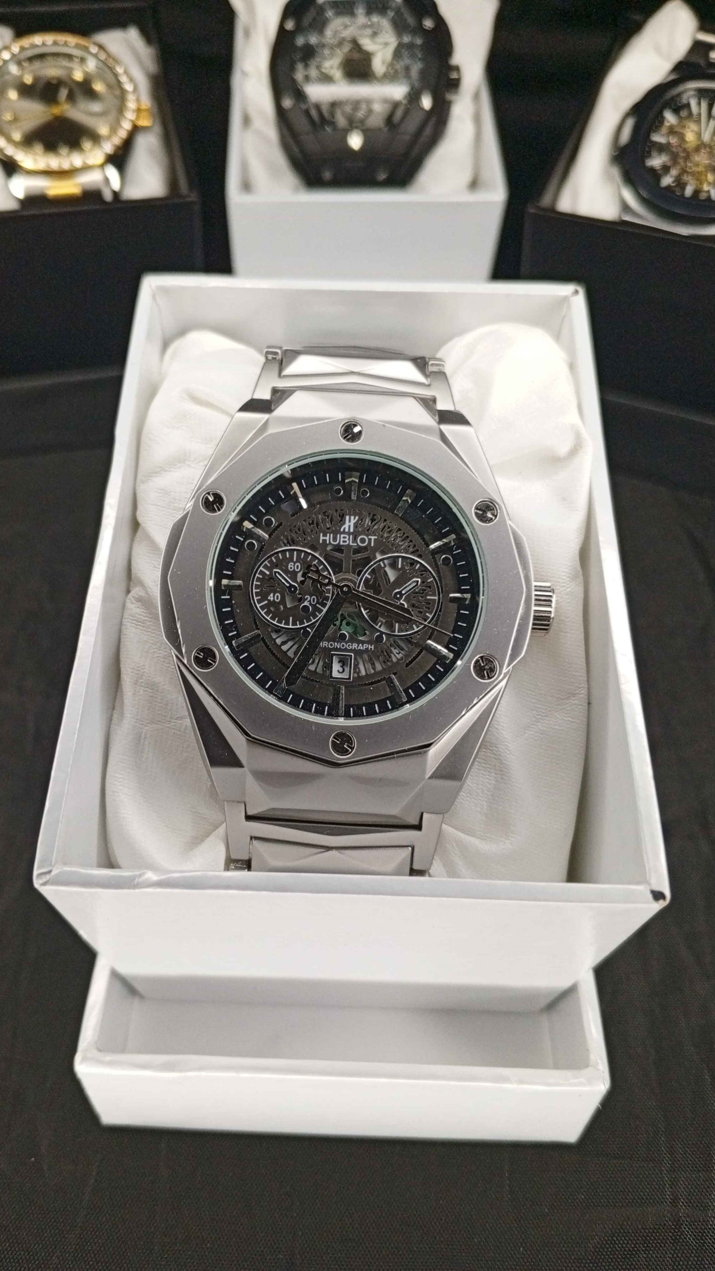 Luxury Hublot Skeleton Chronograph Watch – Stainless Steel Case with Integrated Bracelet