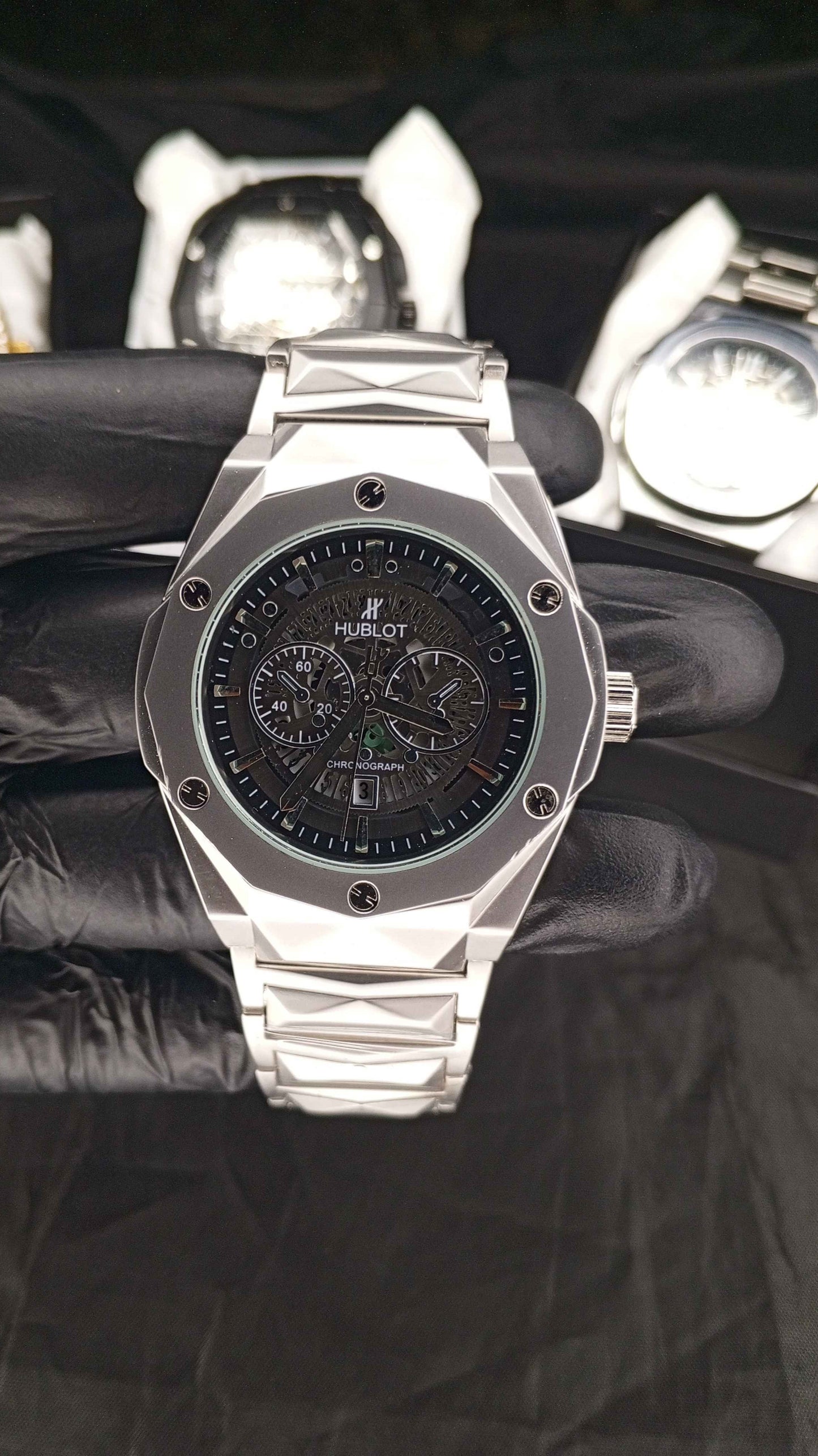 Luxury Hublot Skeleton Chronograph Watch – Stainless Steel Case with Integrated Bracelet