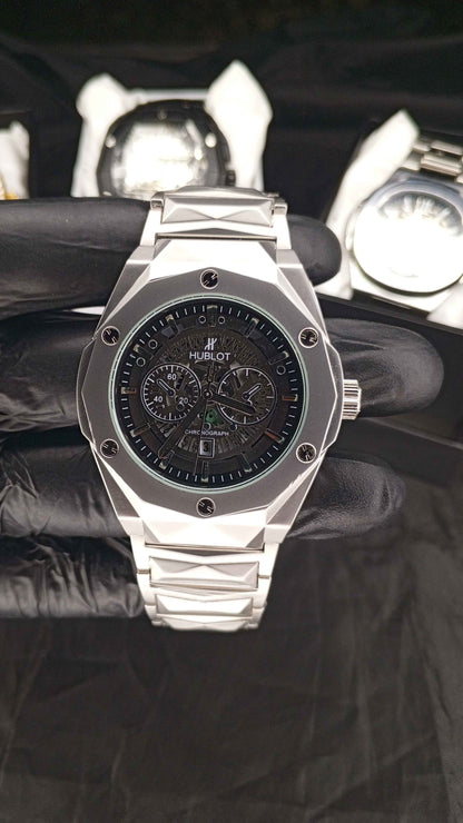 Luxury Hublot Skeleton Chronograph Watch – Stainless Steel Case with Integrated Bracelet