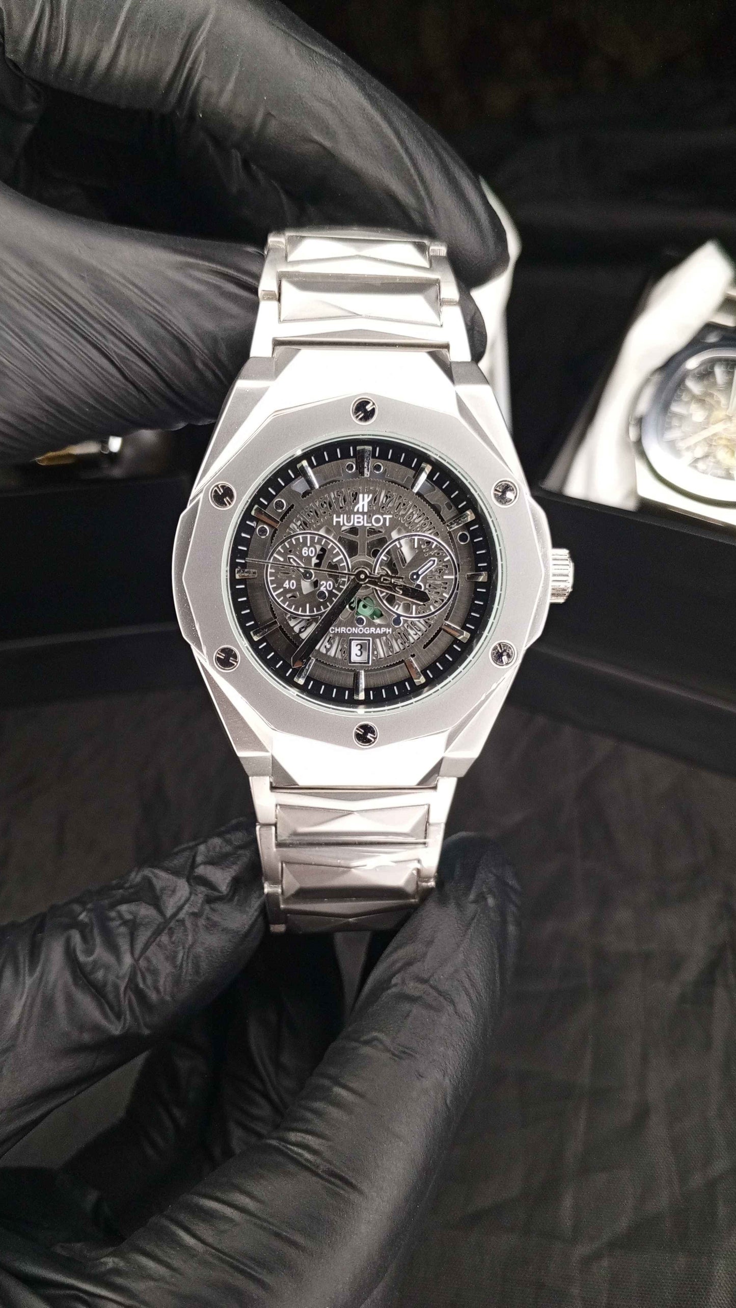 Luxury Hublot Skeleton Chronograph Watch – Stainless Steel Case with Integrated Bracelet