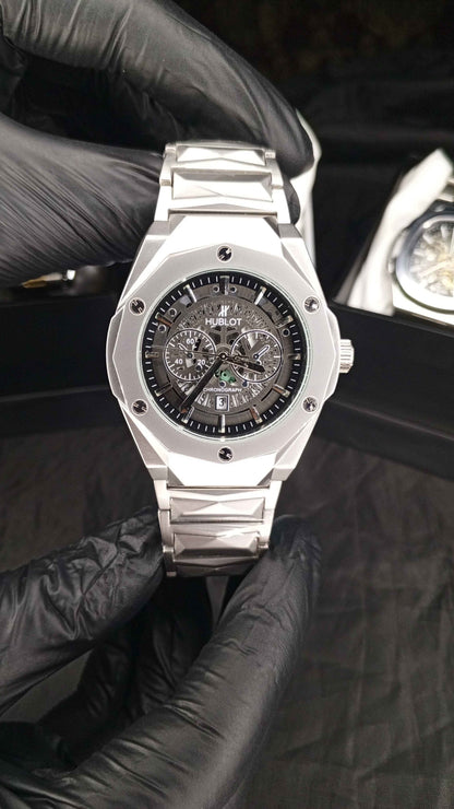 Luxury Hublot Skeleton Chronograph Watch – Stainless Steel Case with Integrated Bracelet